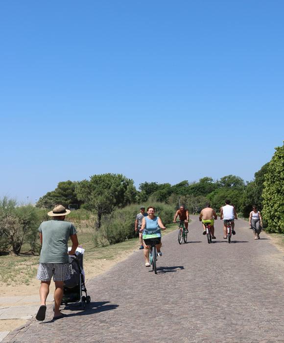 Persone in bicicletta e a piedi su un sentiero soleggiato, atmosfera estiva.