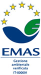 Logo EMAS, simbolo di eccellenza nella gestione ambientale, con stelle e foglia verde.